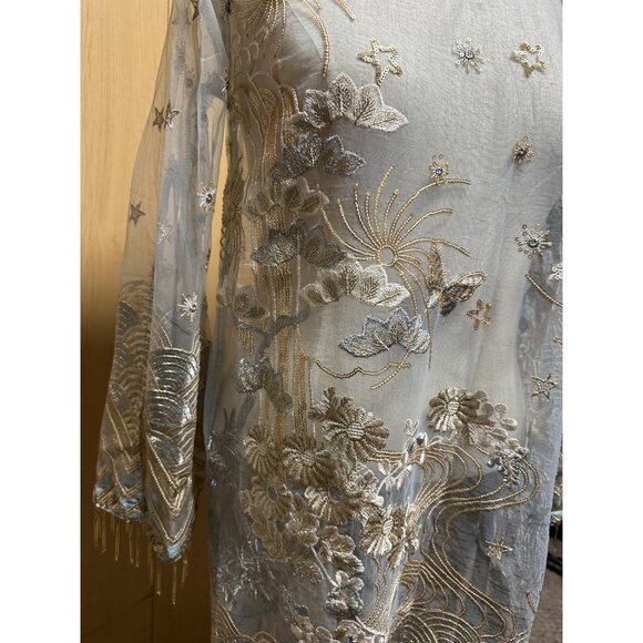 Anum Jung Blue Embroidered Beaded Kurta Unlined Tunic Blouse M - Picture 8 of 10